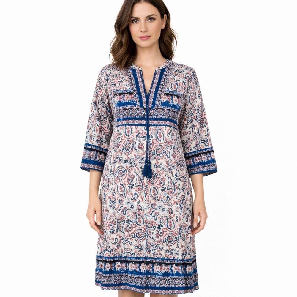 Miss Me Paisley Eylet Shift Midi Boho Tassel Dress Navy L